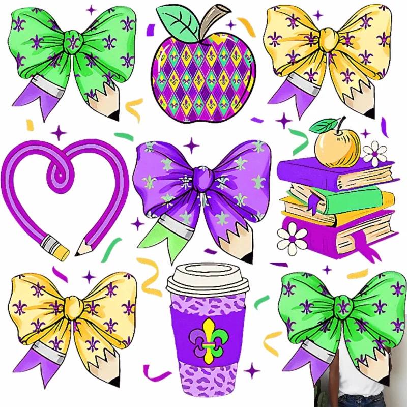 Mardi Gras Theme Heat Transfer White Ink Iron - on Stickers, Bow Pencil Apple Heart Book Coffee Patterns, Suitable for T -