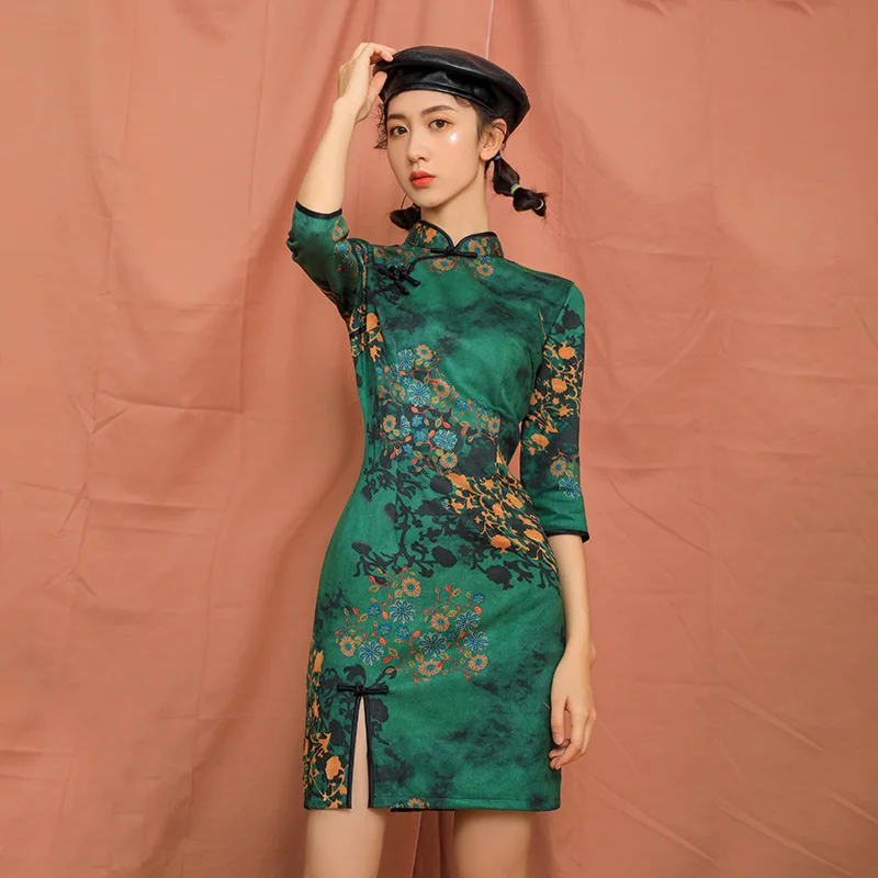 Sexy New Brocade Satin Short Fork Cheongsam Chinese Classic Women's Qipao Elegant Short Sleeve Novelty Wedding Evening Dress