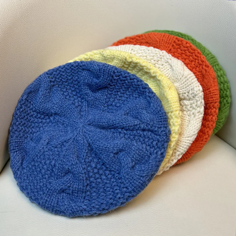 Beret damski bawełniany jednokolorowy czapka z dzianiny Retro zwykły szydełkowy Beret ciepła czapka elegancka damska czapka zimowa