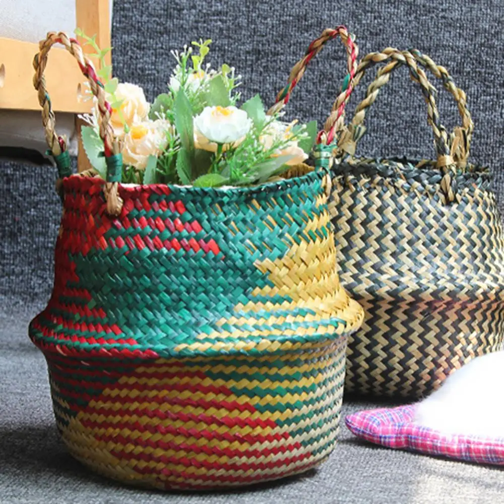 Straw Storage Basket Wicker Rattan Seagrass Belly Handmade Woven Basket Clothes Laundry Basket Flower Pot Plant Basket Planter