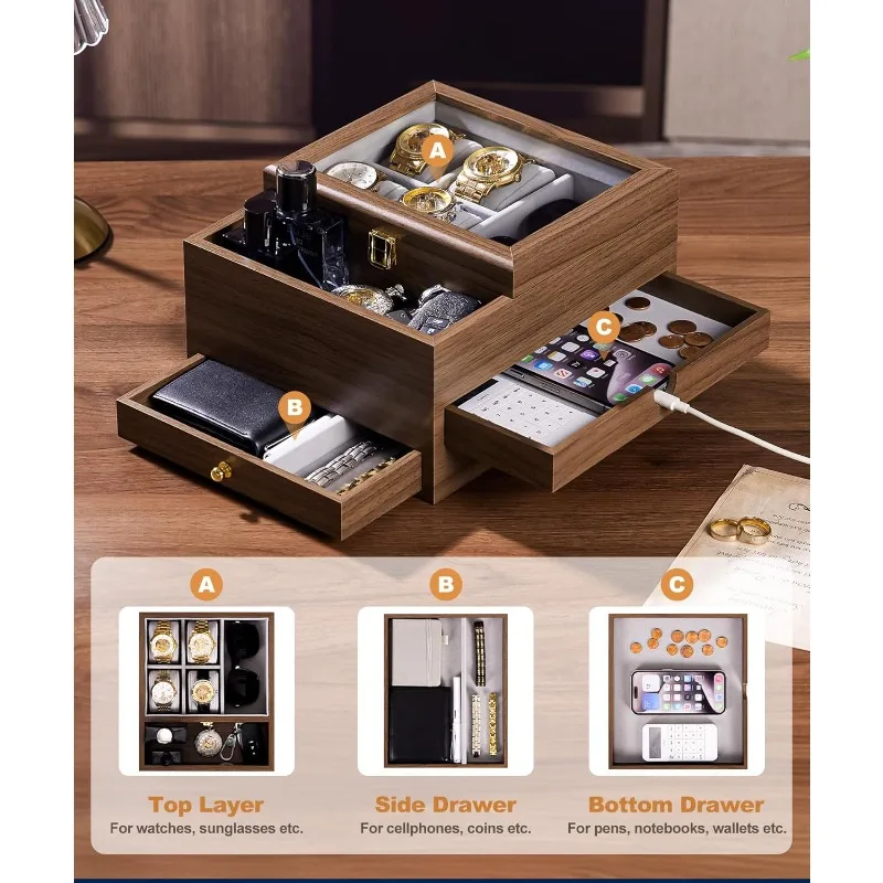 صندوق ساعة منظم مجوهرات للرجال مع علبة ساعة زجاجية حقيقية للخاتم والسوار والساعة والقلادة والأقراط والإكسسوارات