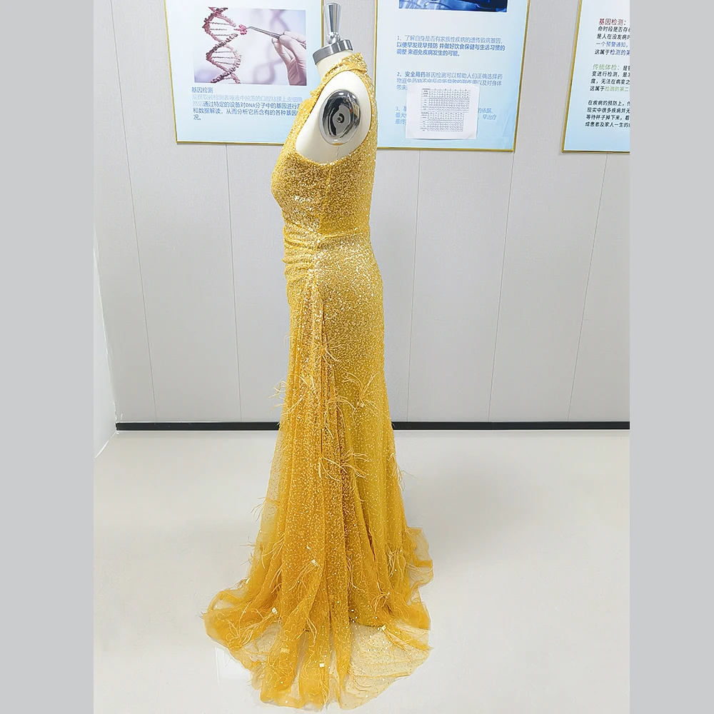 KSDN Yellow Evening Dress Sleeveless Halter Sequined Beading Sweep Train Feathers Pleated Formal Party Luxury Gown Elegant Women