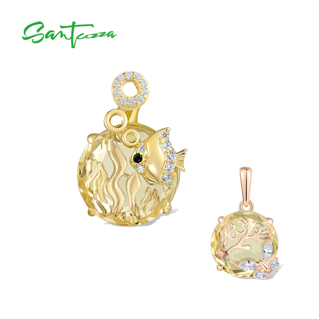 Santuzza Pure 925 Sterling Silver Pendant Yellow Gold Plated Coral Reef Charm CZ Cute Ocean Animal Fish Fashion Fine Jewelry