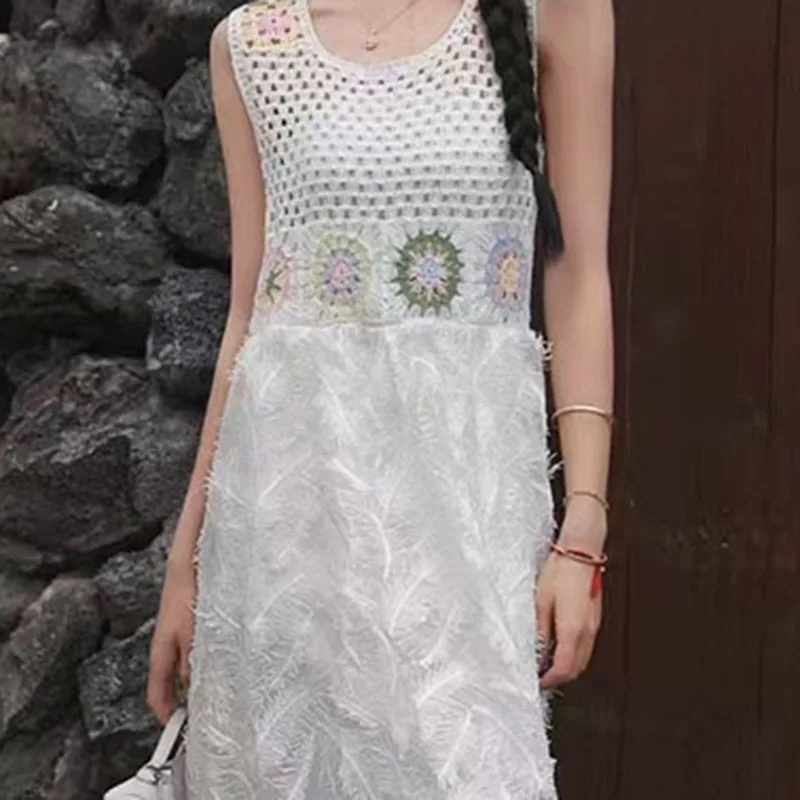 Boring Honey 新しい春夏スイートフレッシュレトロフックレースタンクトップドレス - 多用途ルーズフィットミッドレングスカジュアル衣装女の子