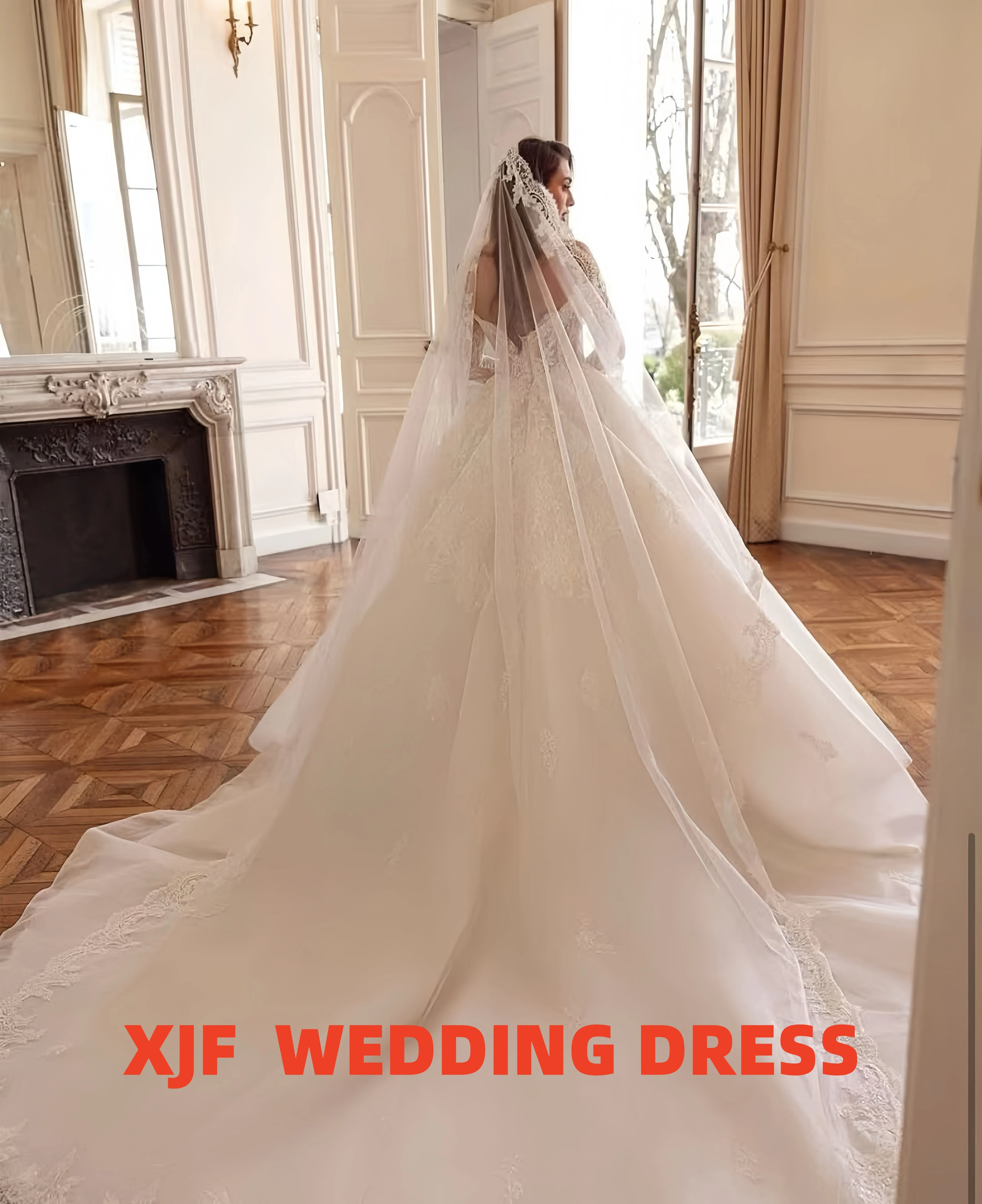 Aangepaste luxe A-lijn trouwjurk met lange mouwen Kant applique kralen kristallen bruidsjurk vestidos de novia