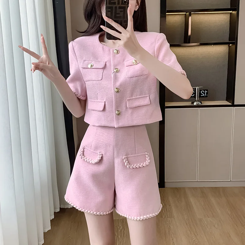 White/pink women's tweed short sleeved jacket+shorts 2 pcs set, new summer age reducing small fragrance fashion set