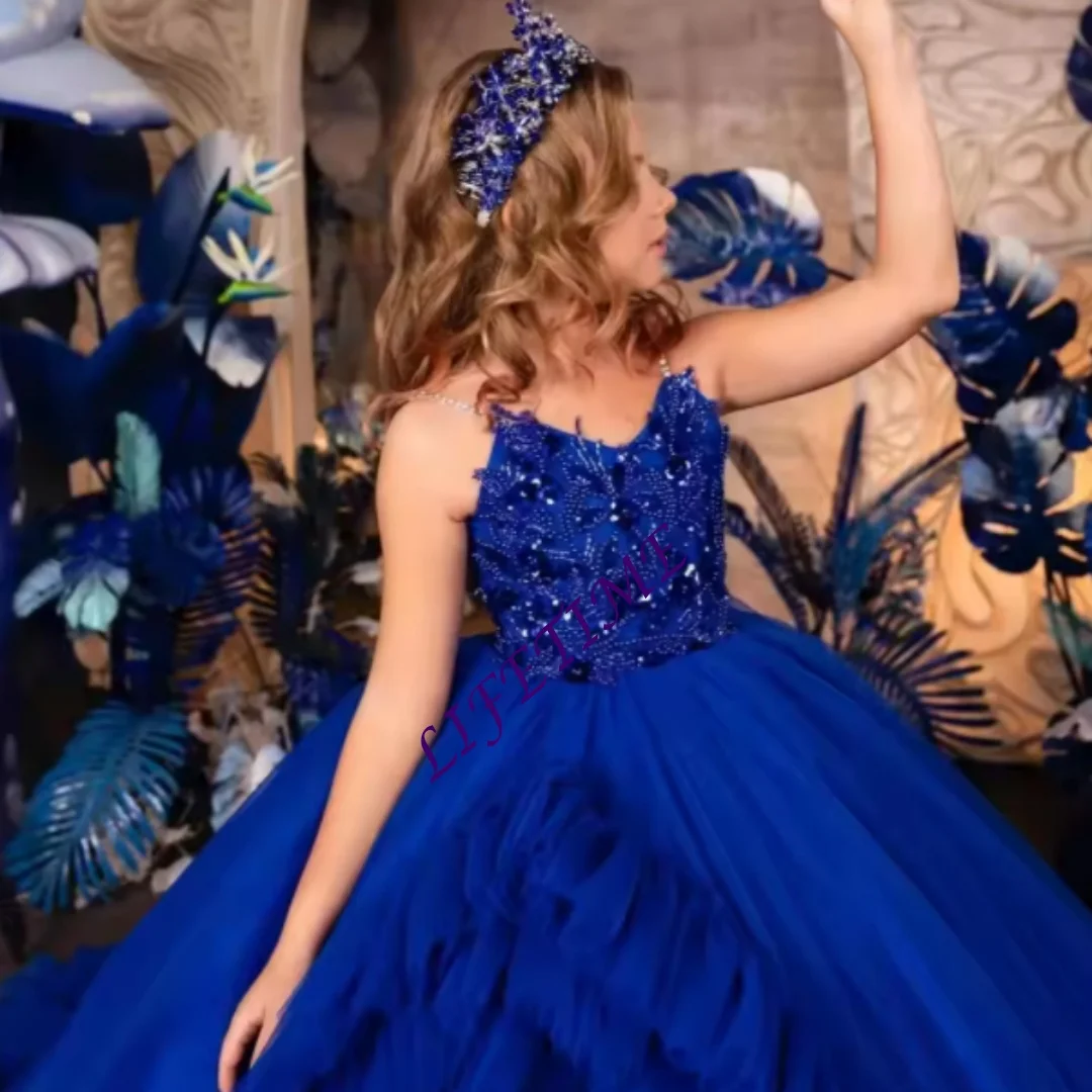 ロイヤルブルーフラワーガールドレスボールガウンフリルビーズプリンセスベビーリトルガールの誕生日パーティードレスカスタマイズ