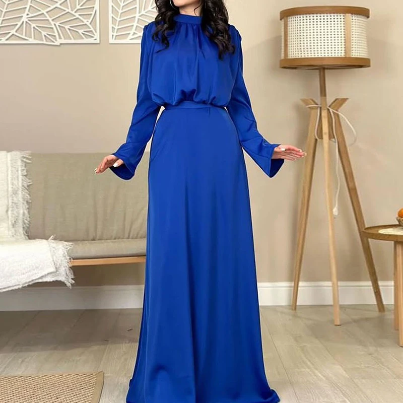 Fashion Half High Neck Long Sleeve Maxi Dress Spring Elegant High Waist Draped Long Dress Women Summer Casual Solid Party Dress