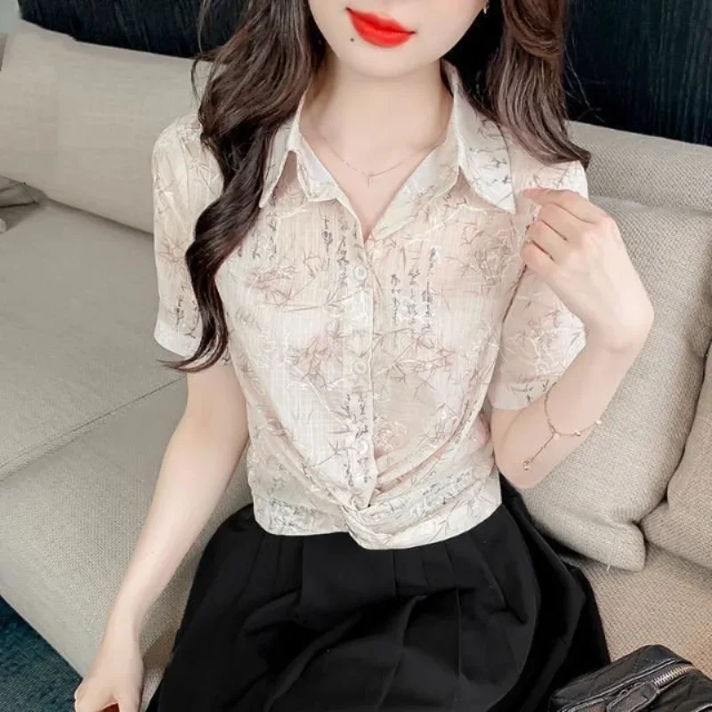 

2024 Summer New Women's Blouse Polo-Neck Button Elegant Korean Loose Sweet Short Sleeve Printed Shirt Tops