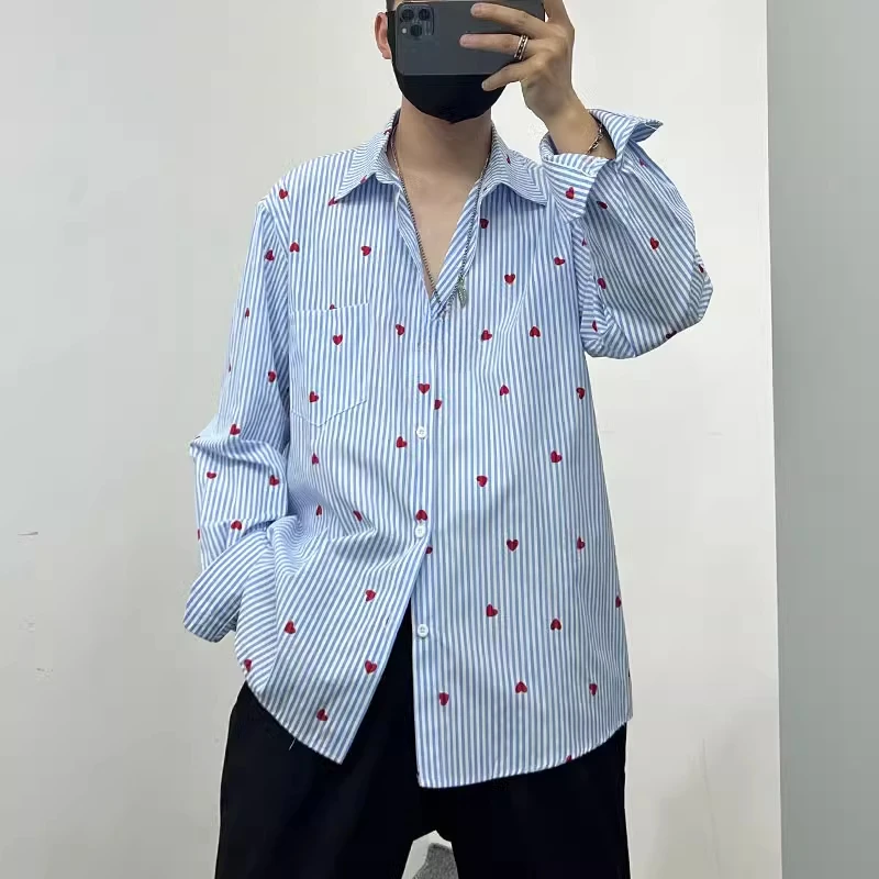 2025 Spring New Original High-end Retro Striped Chic Top Love Heart Print Loose Comfort Handsome Shirts Men's Trendy Niche Shirt