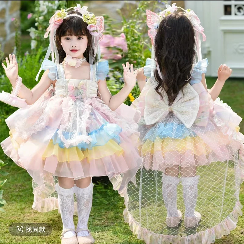 

Baby Girls Summer Pink Sweet Lolita Bow Lace Floral Princess Ball Gown Cake Layed Backless Sundress Birthday Holiday Party Child