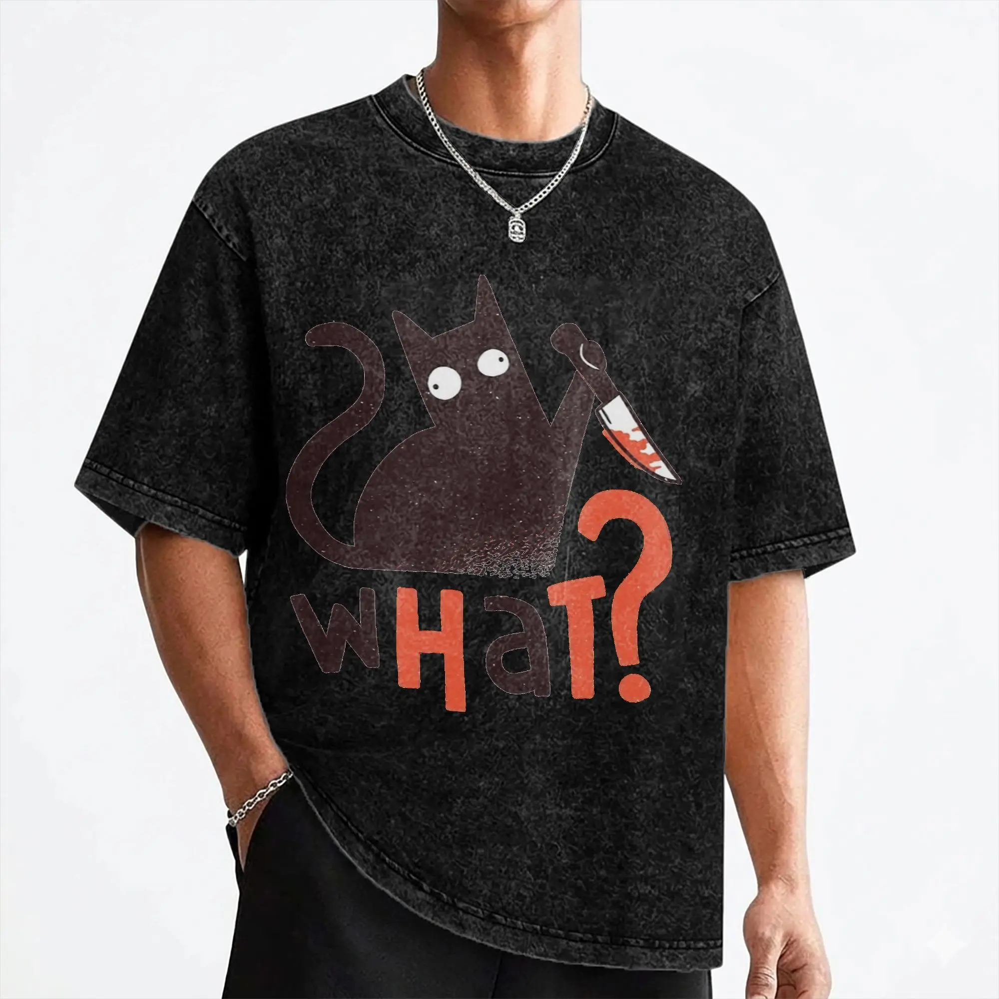 Killer Cat with Knife Washed T Shirts Streetwear Hip Hop Vintage T-Shirt  Tee Shirt for Men Women Short Sleeve Oversize Graphic