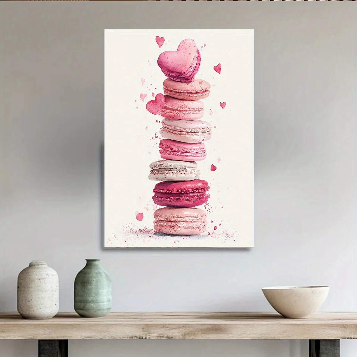 2D Flat, 2D Flat, Watercolor Macarons and Hearts Canvas Painting French Pink Kitchen Decor for Valentine'S Day or Themed Room