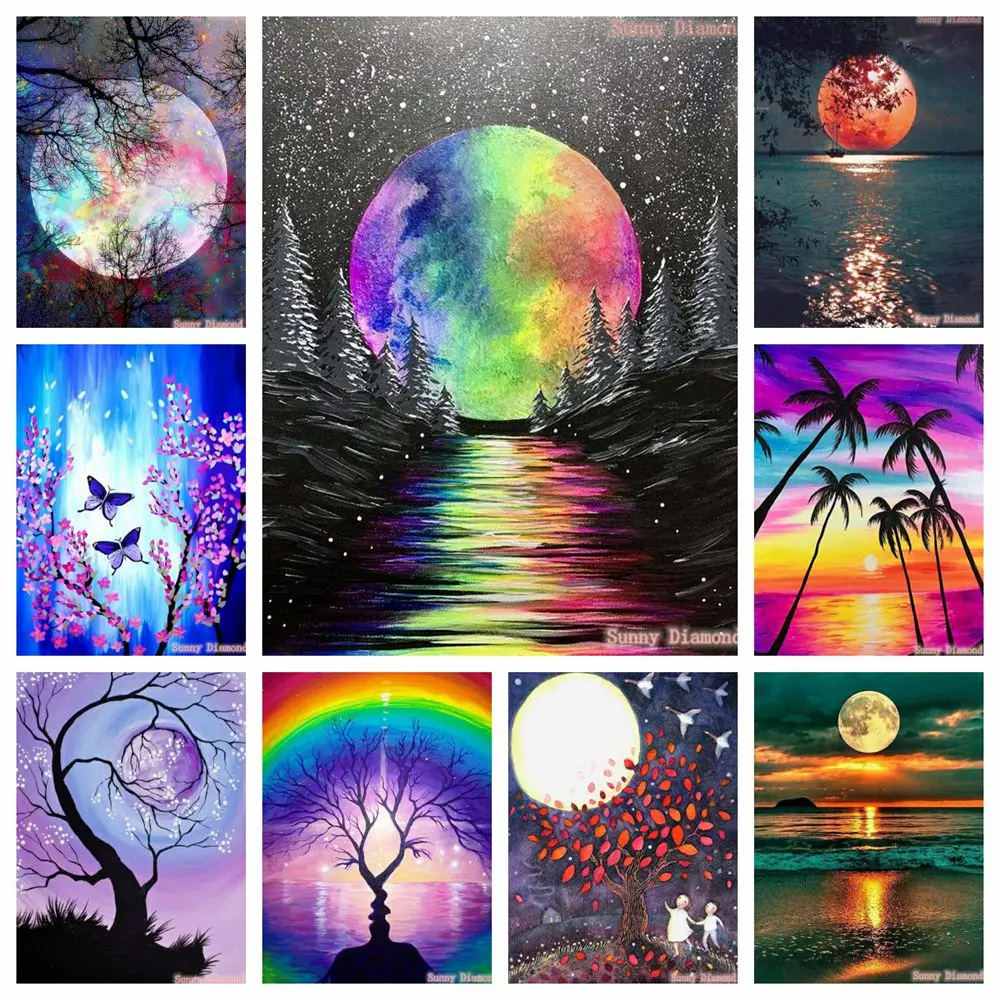 

New DIY 5D Diamond Painting Moon Tree Full Round Mosaic Landscape Flower Butterfly Daimond Embroidery Art Rhinestone Home Decor