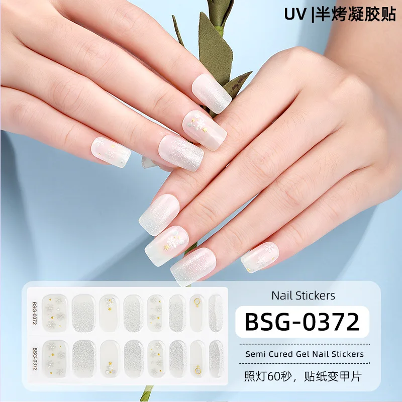 16 Strips Semi-Uithardende Gel Nagelstickers 3d Bronzing Gel Nagel Patches Volledige Pasta Stickers Uv Baklamp Nodig