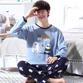 2023 봄 긴 소매 면화 잠옷 남성용 세트 한국어 귀여운 만화 잠옷 잠옷 남성 Homewear Home Clothes Homme