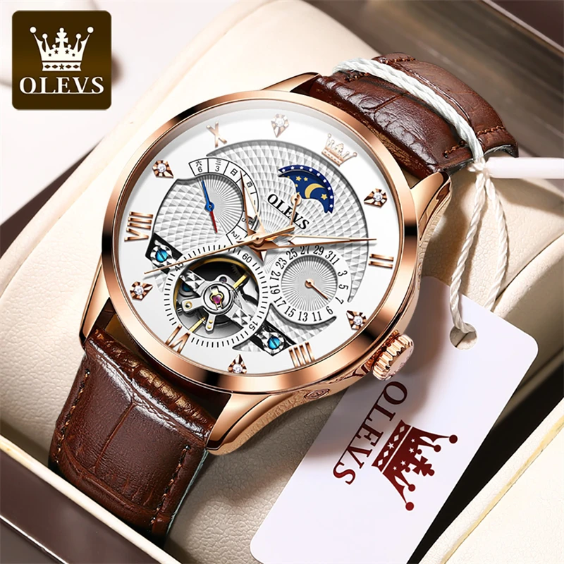 

OLEVS New Luxury Tourbillon Mechanical Watch for Men Leather Strap Waterproof Luminous Classic Moon Phase Automatic Watches Mens