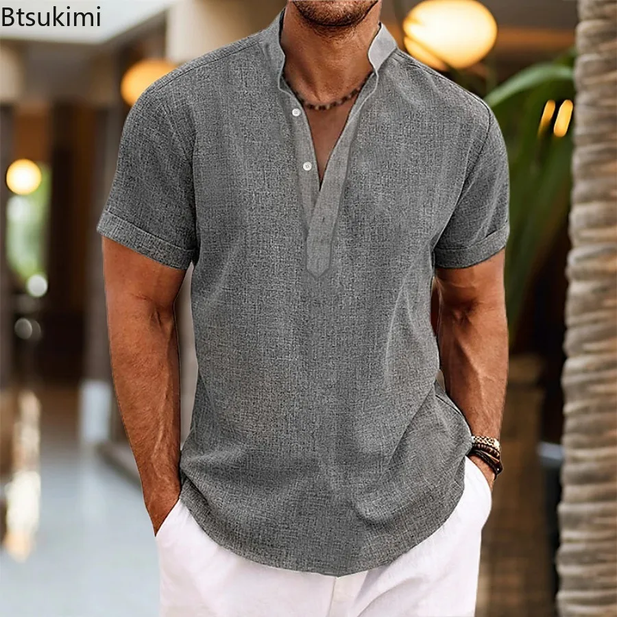 Summer New Men's Casual Short Sleeve Shirts Solid Vintage Cotton Linen Shirts High Quality Stand Collar Tops Male Beach Blouses