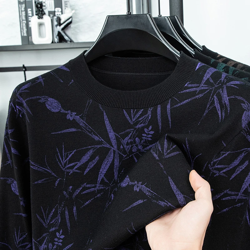 Men's Luxury Knitted Sweater Round Neck Long Sleeve Printed Bamboo Leaf Pullover Autumn Winter Fashion Casual Classic Men's Wear