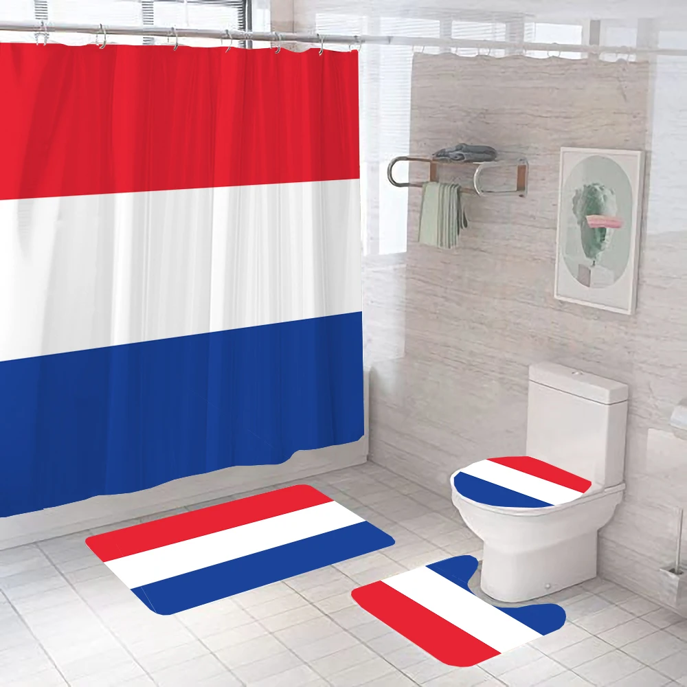 Dutch Flag Shower Curtains Netherlands Flag Print Polyester Bathroom Curtain Sets Rug Lid Toilet Cover Non-Slip Bath Mat Carpet