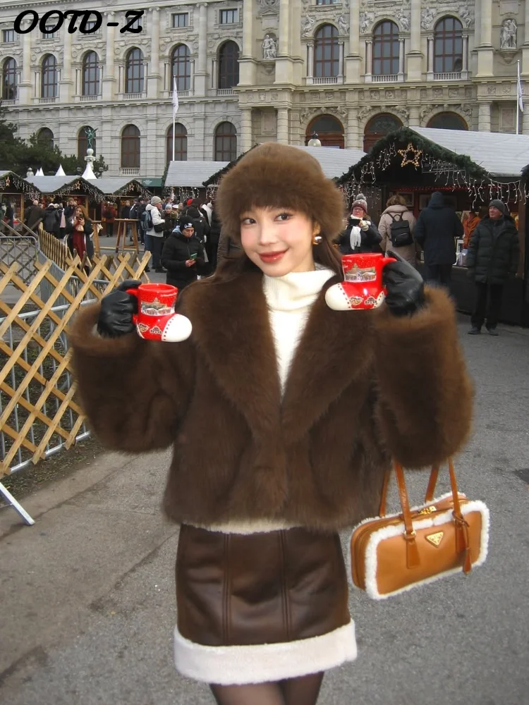 

Элегантные укороченные куртки из искусственного меха, женские однотонные лацканы с открытой строчкой и длинными рукавами, пушистые женские пальто, осенне-зимняя гламурная женская верхняя одежда