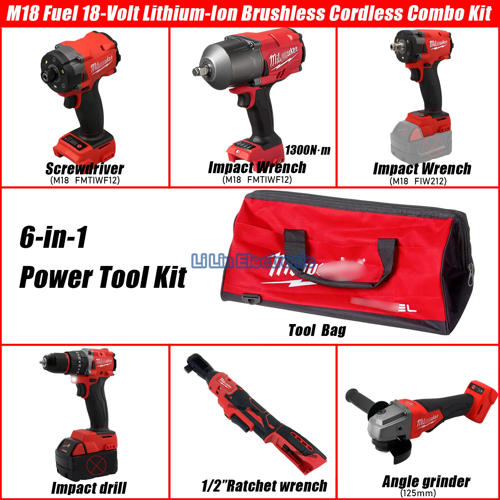 

Оптовая продажа, аккумуляторные инструменты, гаечный ключ с храповым механизмом 18 В, угловая шлифовальная машина, ударный гайковерт, дрель, беспроводной набор электроинструментов 6-в-1 с высоким крутящим моментом