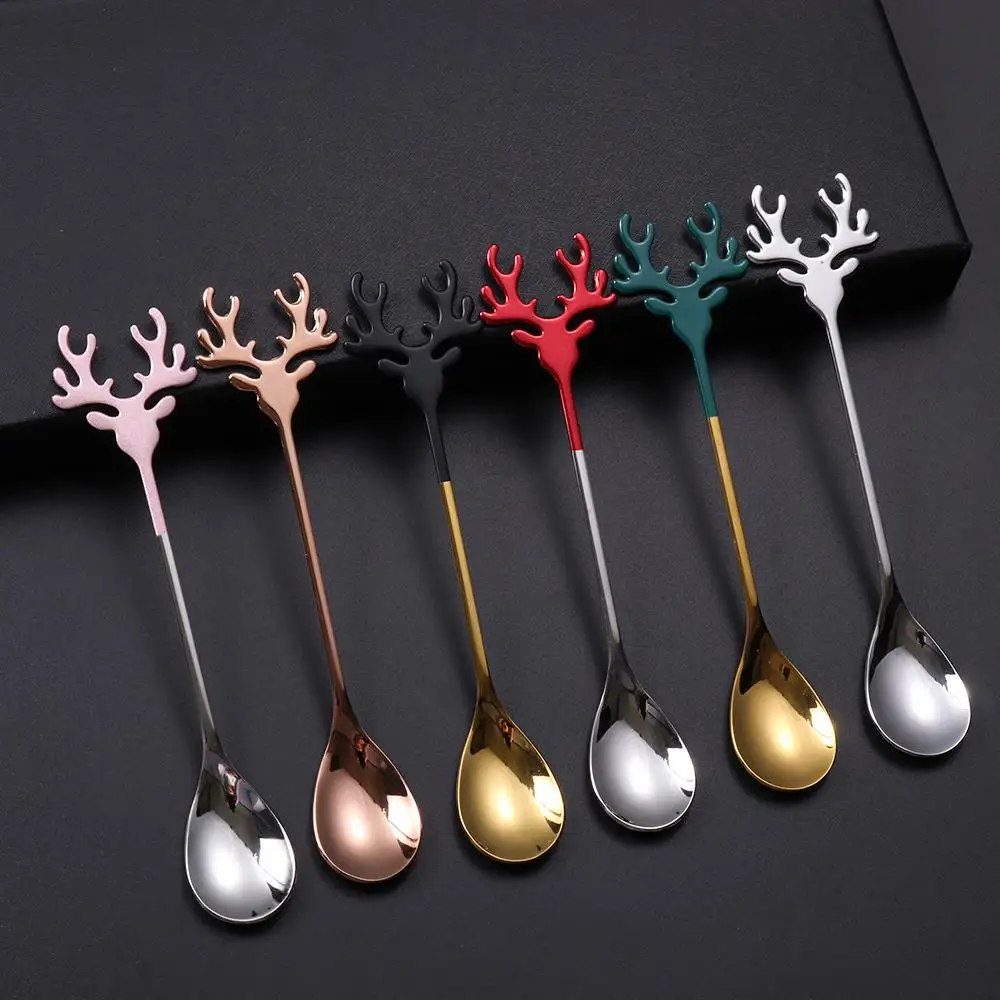 Tableware Christmas Deer Head Stainless Steel Xmas Antlers Christmas Spoons Coffee Scoops Tea Scoop