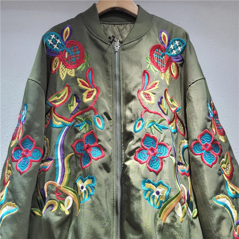 เสื้อแจ็คเก็ตปักลายดอกไม้สำหรับผู้หญิง สไตล์ลำลอง ผ้าฝ้ายบุใย แขนยาว ซิป ผ้าซาติน แบบคาร์ดิแกน