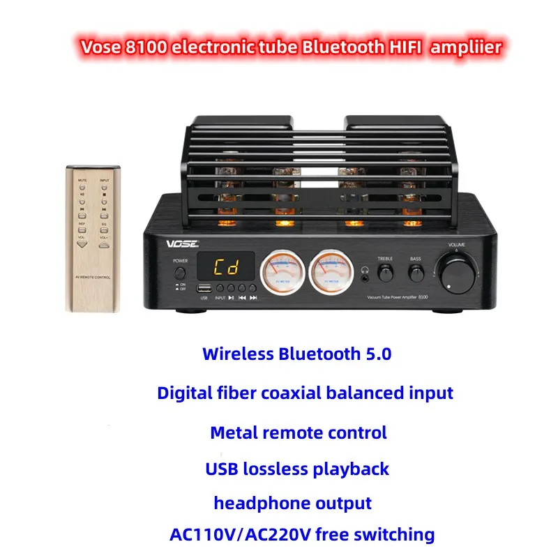 

Remote Control VOSE 8100 Bluetooth 5.0 200W*2 Stereo 6J4P 6H6P 6K4 6J1 Vacuum Tube VU Meter Home Audio Amplifier Balanced Input