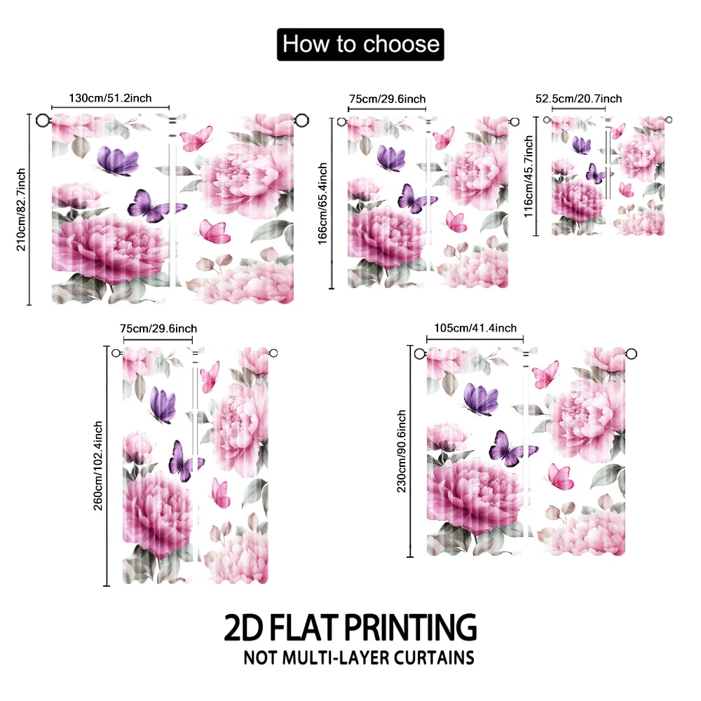 2pcs Pink Peony Butterfly Curtains Peach Skin Polyester Watercolor Living Room Bedroom Home Decor