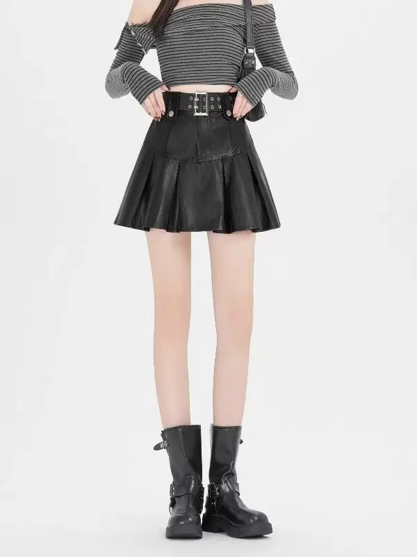 Saia de couro preto do vintage punk feminino sexy plissado grunge retro mini saia y2k gótico streetwear a linha senhoras saias