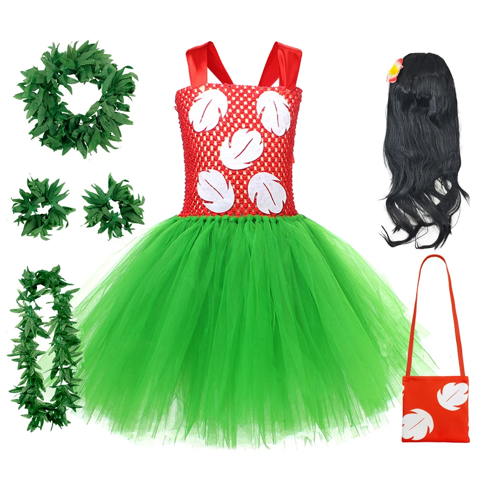 Girls Lilo Costume Set Red Green Tulle Dress with Leaf Decor Includes Wreaths Wig Bag Halloween Luau Party Fancy Dress