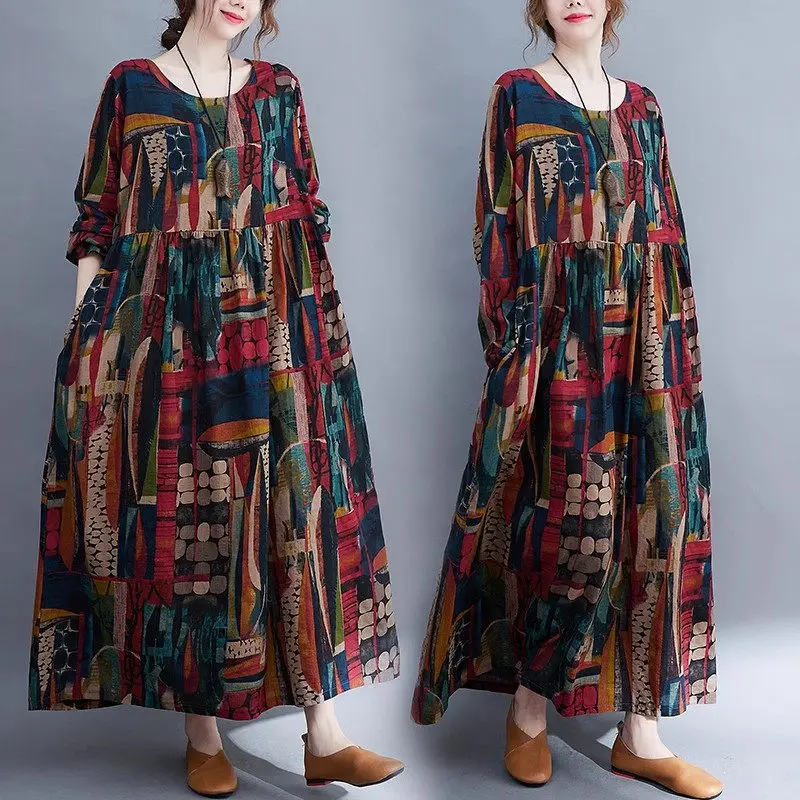 

Spring And Autumn Dress Art Retro Long Sleeve Printed Loose Fashion Overized Round Neck Dress Casual Women Clothing Z4383