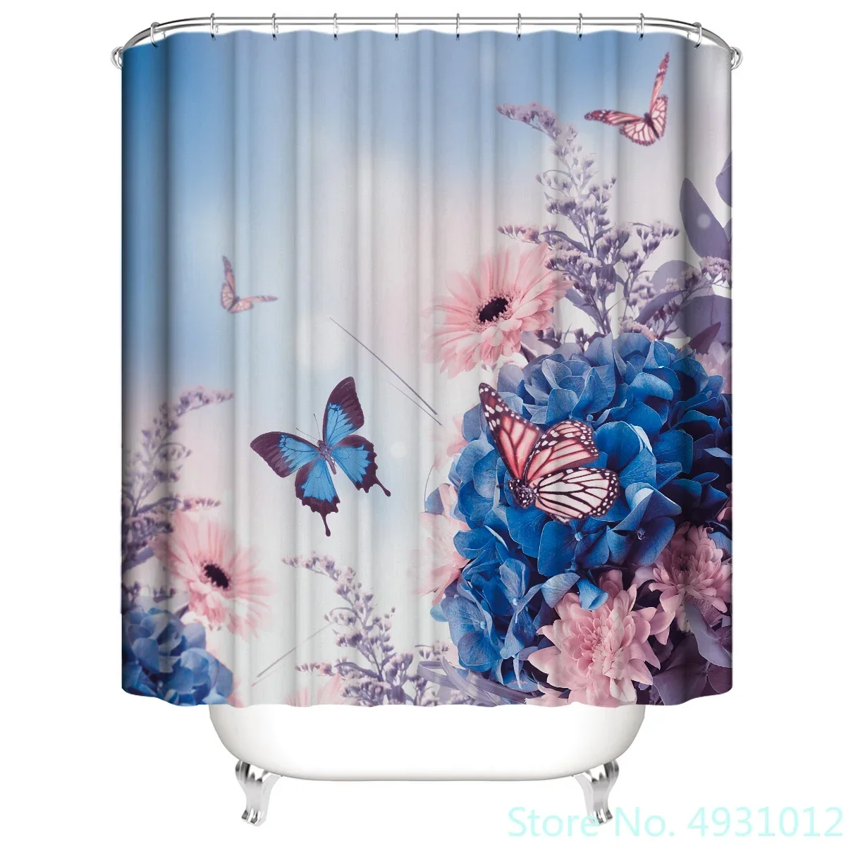 Tenda da doccia con farfalla blu, motivo a farfalla grande colorata, decorazione da bagno multi-dimensione impermeabile con ganci per regali per bambini