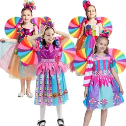 Kids Halloween Lollipop Princess Dress Dressy Birthday Carnival Tutu Dress Girl 2024 Purim Attire Rainbow Festival Clothing Gown