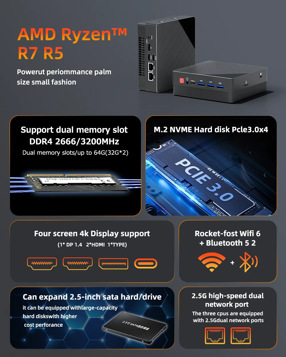 Mini PC Computer Gaming AMD Ryzen7 5825U R5 4500U 5500U Pocket Dual LAN WIFI6 4800H 5800H NUC Office DDR4 NVMe Four Display