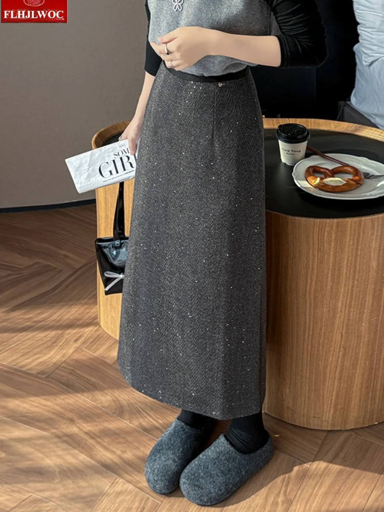 Bling Woolen Skirts New Year 2025 Autumn Winter Basics Woman Cute Girls Preppy Style High Elastic Waist Retro Vintage Long Skirt
