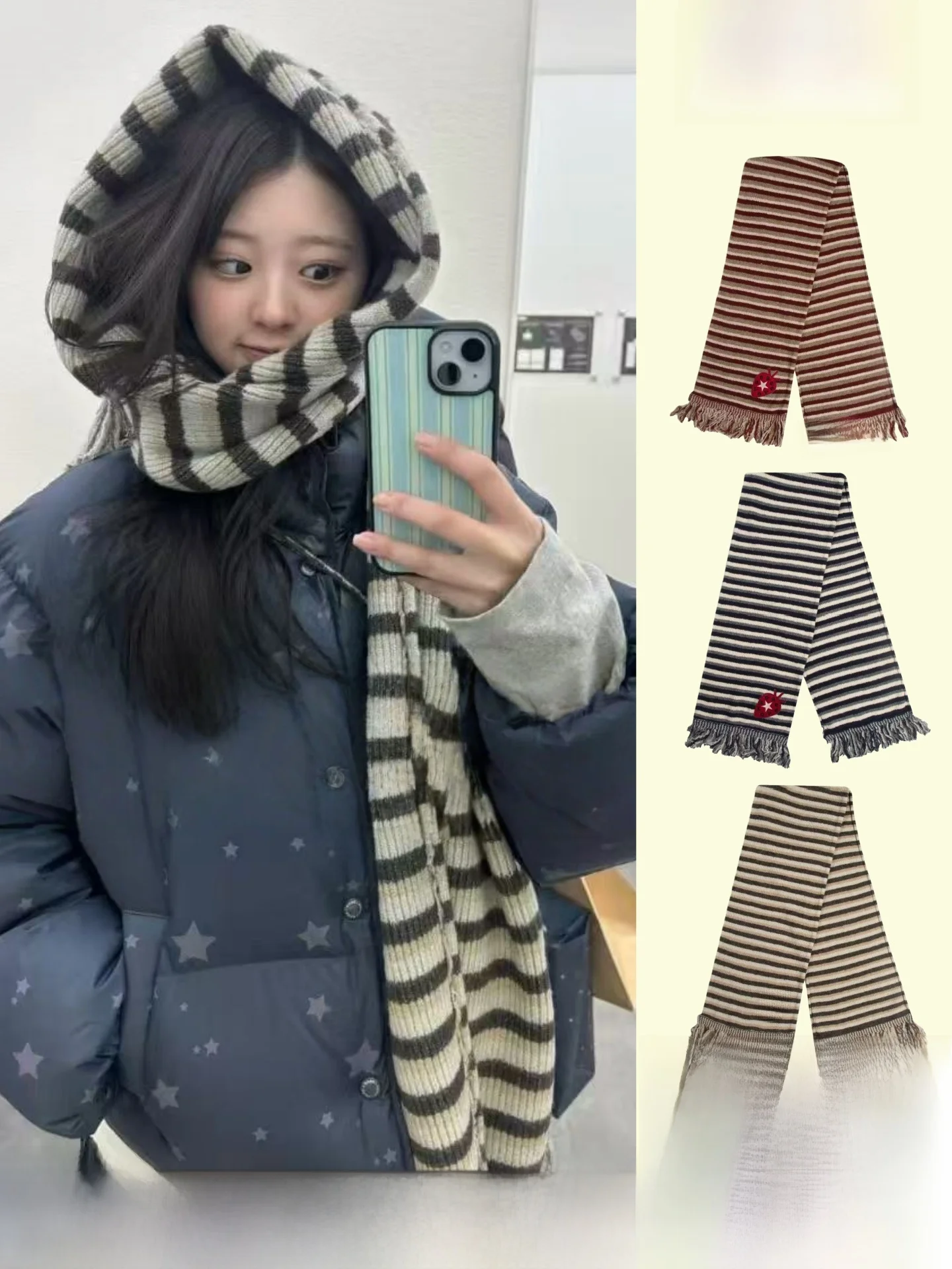 暖かいニットスカーフ-イチゴパッチ刺繍-ストライプデザイン-韓国風-冬ファッションアクセサリー-ユニセックス-若者向け-カップルにも最適