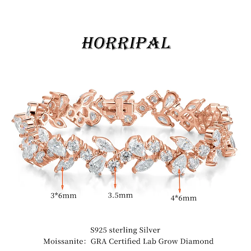 HORRIPAL D VVS1 Luxury Pear Marquise Round Cut Full Moissanite Bracelets for Women S925 Silver GRA Certified New Wedding Jewelry