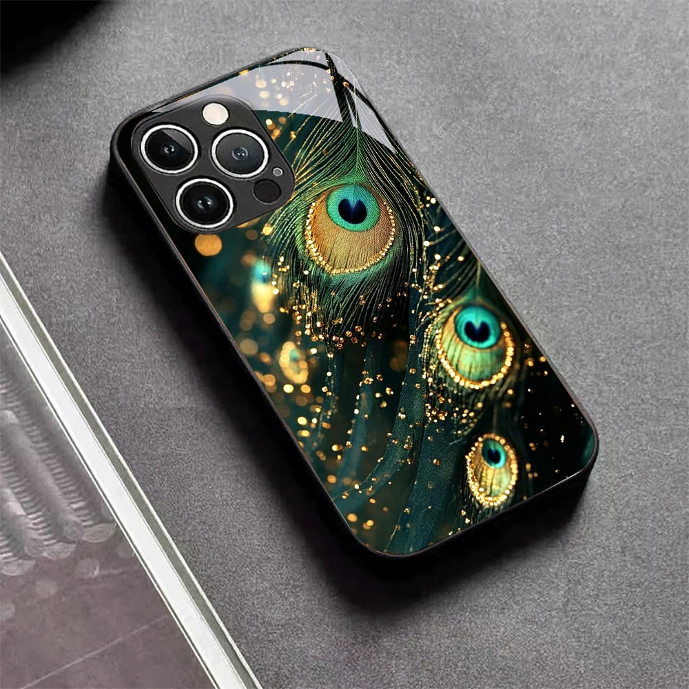Peacock Feather Phone Case Glass Tempered Phone Case For iPhone Models17 16 15 14 Plus 13 Pro Max Anti-fall Scratch Back Cover