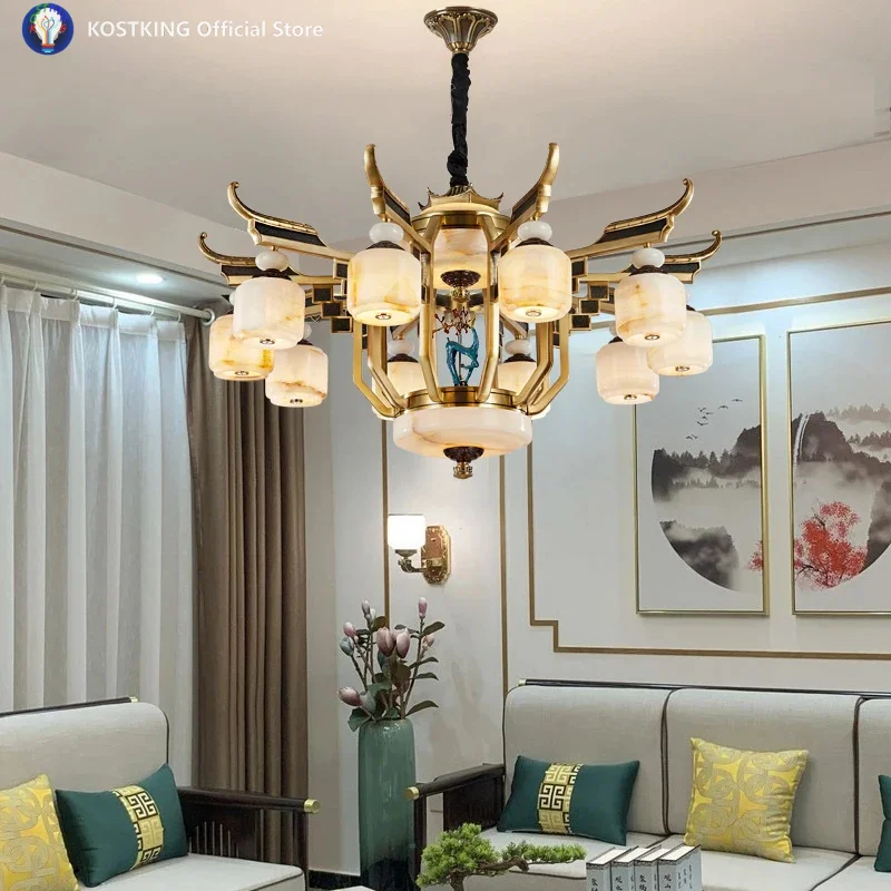 New Chinese Zinc Alloy Chandelier Vintage Villa Chandelier duplex Jade Lift Empty Living Room Light Room Light