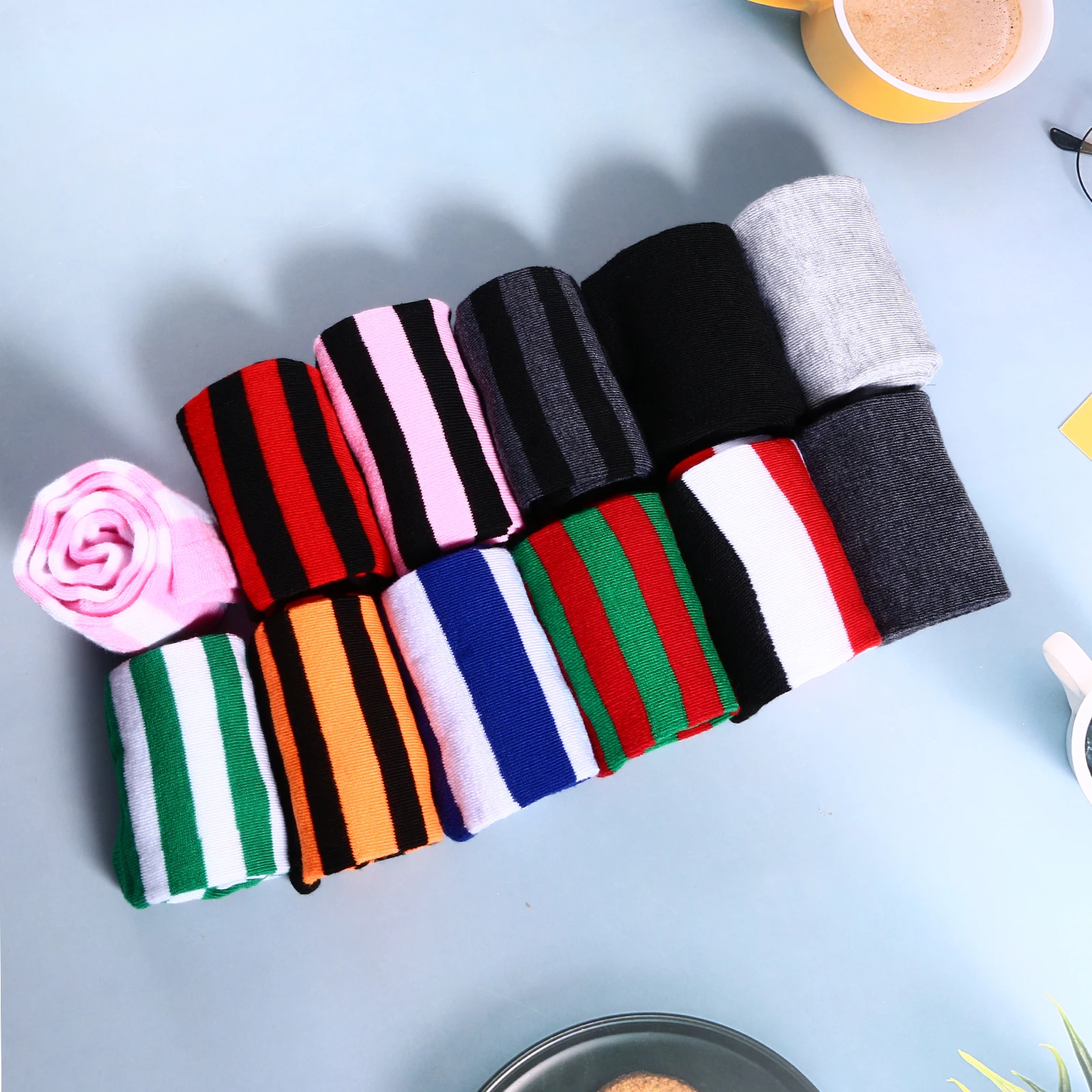 Women\'s Long Socks Fingerless Gloves Set Soild Color Striped Over Knee Thigh High Warm Stockings Lolita for Girls Teen Halloween