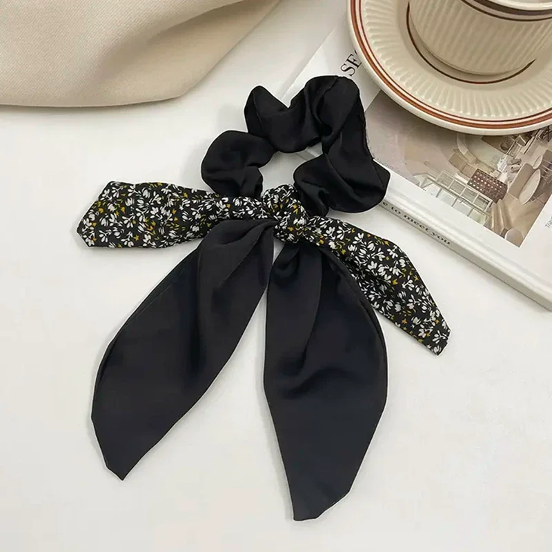

Korean Floral Bowknot Hair Ties for Women And Girls Sweet Elastic Long Ribbon Hair Accessories for Ponytail Scarf
