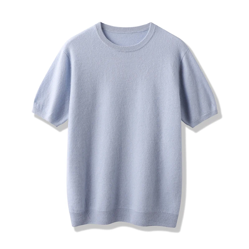 

100% Pure Cashmere Men's Short Sleeve T-Shirt Loose Pullover Thin Sweater Base Solid Color Crew Neck Knitted Men's Clothing