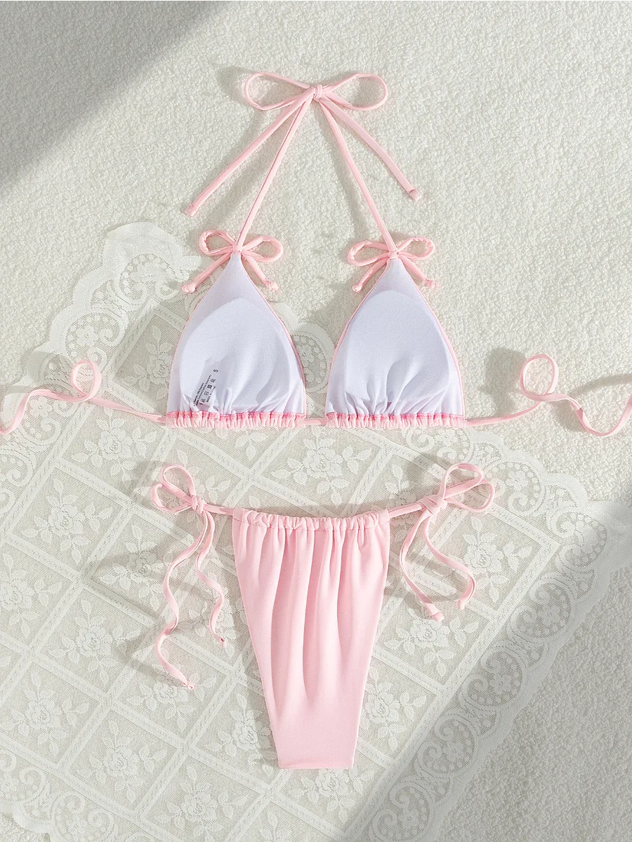 Bikini Set Women's Solid Color Pink 2 Piece Swimsuit Bow Lace-up Triangle Halter Backless Swimwear Beach Bathing Suit 2025 New