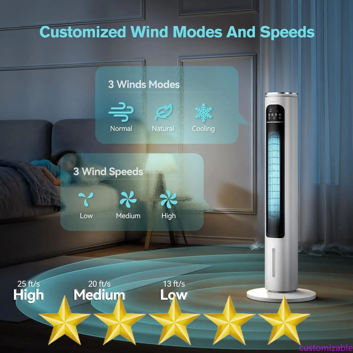 Aires acondicionados portátiles sin ventanas personalizables, enfriador de aire evaporativo de 37,3 pulgadas con control remoto, depósito de agua extraíble de 2,5 L y 4 cajas de hielo