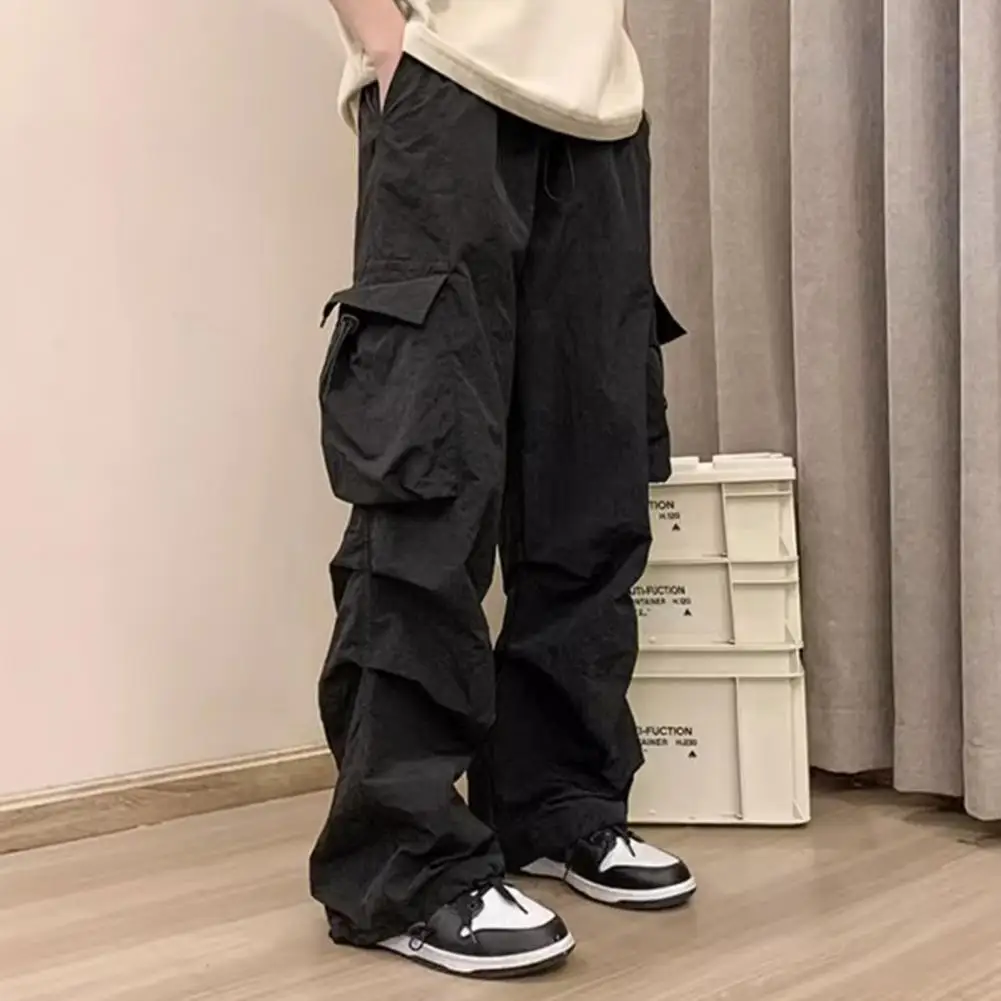 

Solid Color Pants Versatile Men's Cargo Pants Stylish Multi-pocket Design Loose Fit with Deep Crotch Elastic for High for A