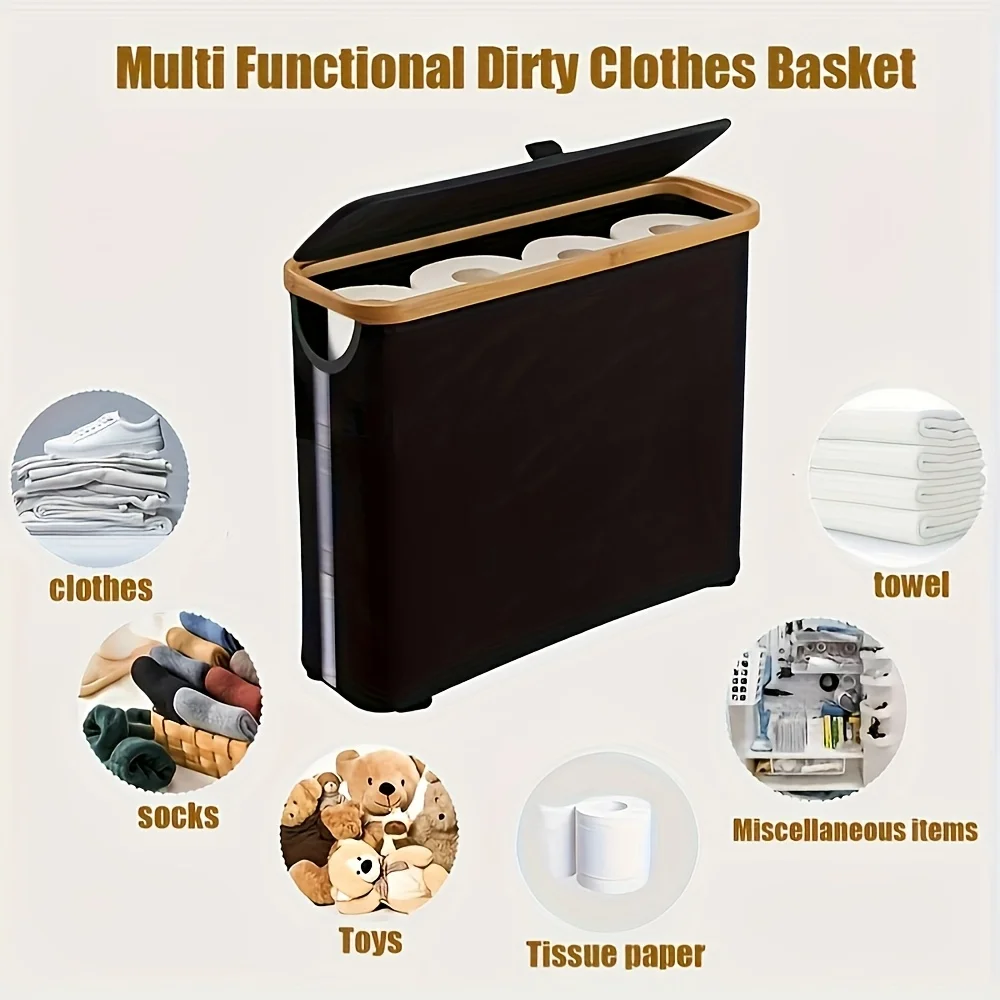 Foldable Toilet Paper Holder with Lid Large Capacity Space-Saving Bathroom Organizer Durable Wood Frame Gray Fabric Finish