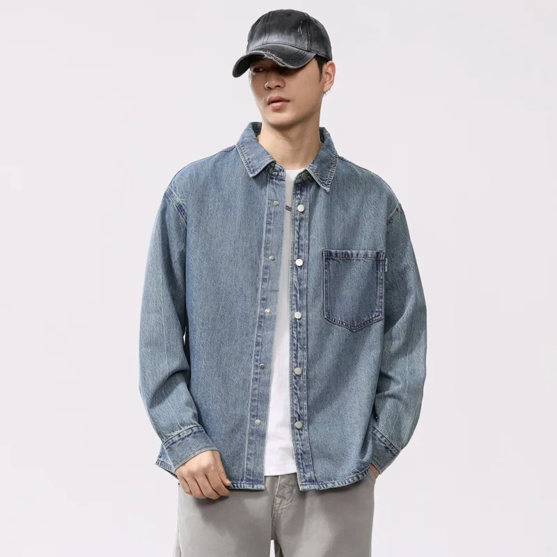 

Men's Streetwear Fashion Loose Casual Thin Breathable Long Sleeve Denim Cargo Shirt Cardigan Coat Man Blouses