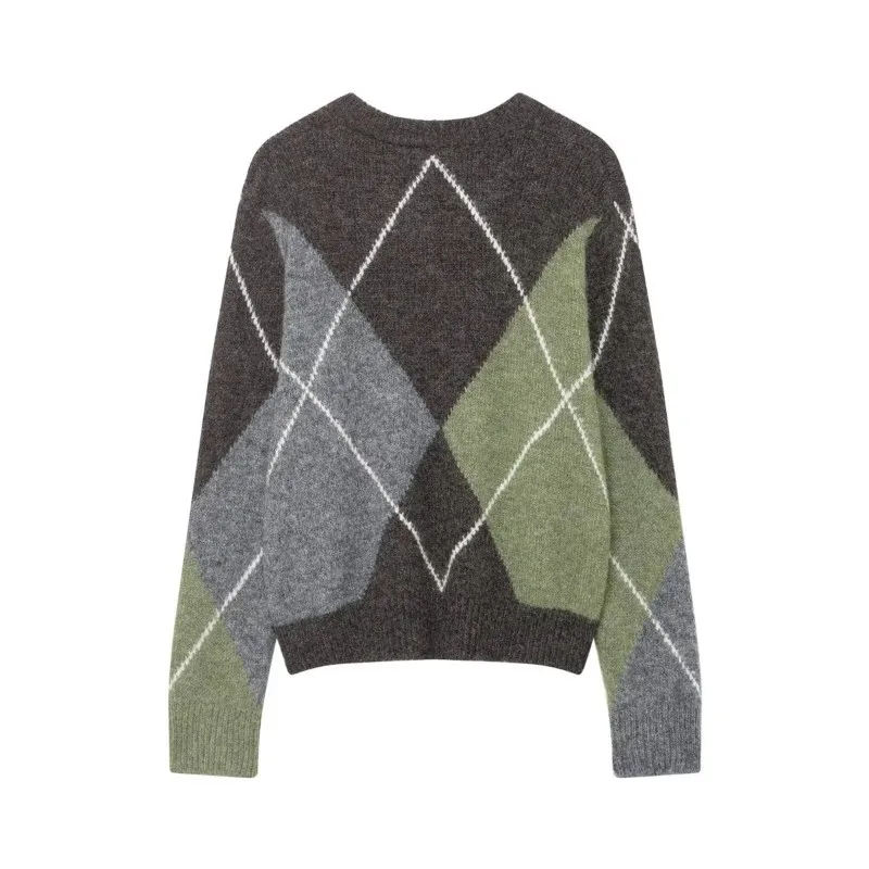 Suéter de punto con patrón de diamante para mujer, jersey informal de moda con cuello en V, suéteres Retro y elegantes para mujer